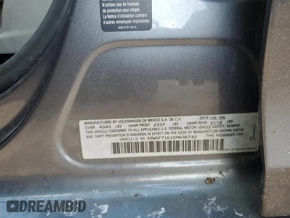 ✅ 2005 Volkswagen Jetta 2.5L • VIN: 3VWSF71K15M635732 • Lot: 47036595. Listed on Copart with 146,281 mi. Free auction sales archive from the USA and detailed vehicle history report at DreamBid. Image 15.