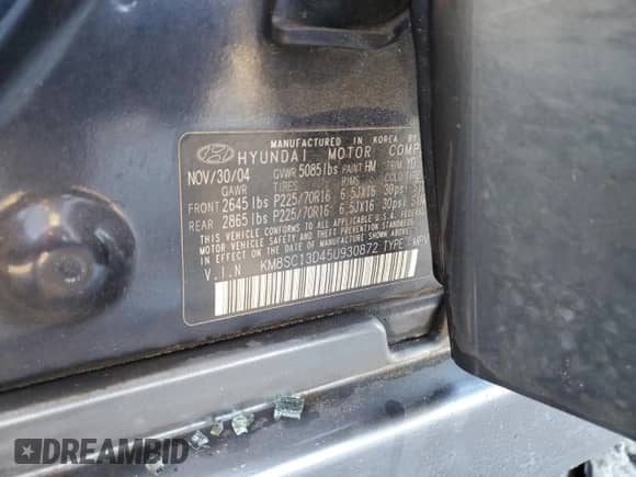 2005 Hyundai Santa Fe GLS с VIN KM8SC13D45U930872, выставлен на аукционе Copart как лот 90216875 с пробегом 185 930 миль миль и Списание • Salvage title. История ставок и продаж доступна на DreamBid. Изображение 12.