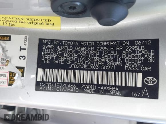 ✅ 2012 Toyota Prius Three • VIN: JTDZN3EUXC3150271 • Lot: 43818228. Listed on IAAI with 149,211 mi. Free auction sales archive from the USA and detailed vehicle history report at DreamBid. Image 9.