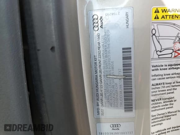 ✅ 2008 Audi TT 3.2L • VIN: TRUDD38J981003737 • Lot: 88267215. Listed on Copart with 54,110 mi. Free auction sales archive from the USA and detailed vehicle history report at DreamBid. Image 12.