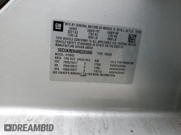✅ 2017 Chevrolet Silverado 1500 LT • VIN: 3GCUKREH4HG283086 • Лот: 64795414. Опубликован ранее на Copart с пробегом Не указан. Бесплатный доступ к архиву аукционных продаж из США и подробный отчёт об истории автомобиля на DreamBid. Изображение 12.