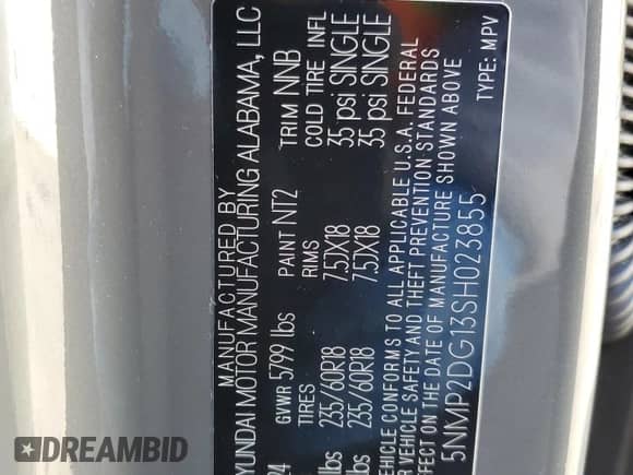 2025 Hyundai Santa Fe SEL с VIN 5NMP2DG13SH023855, выставлен на аукционе Copart как лот 87661525 с пробегом 587 миль миль и Списание • Salvage title. История ставок и продаж доступна на DreamBid. Изображение 14.