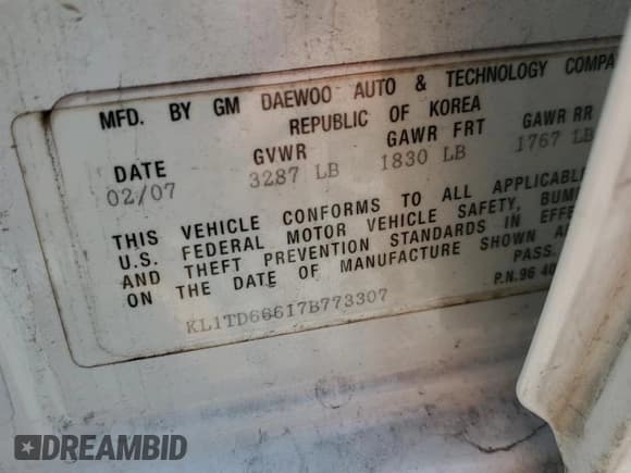 ✅ 2007 Chevrolet Aveo LS • VIN: KL1TD66617B773307 • Lot: 47998245. Wystawiony na Copart z przebiegiem 174 561 mil. Bezpłatny archiwum sprzedaży aukcyjnych z USA i szczegółowy raport historii pojazdu na DreamBid. Zdjęcie 12.