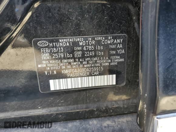 2013 Hyundai Azera с VIN KMHFG4JG9DA259915, выставлен на аукционе Copart как лот 42802445 с пробегом 127 332 миль миль и Чистый • Clean title. История ставок и продаж доступна на DreamBid. Изображение 12.