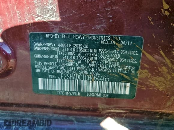 ✅ 2012 Subaru Forester X Premium • VIN: JF2SHADC1CH464465 • Lot: 93928285. Listed on Copart with 175,399 mi. Free auction sales archive from the USA and detailed vehicle history report at DreamBid. Image 12.