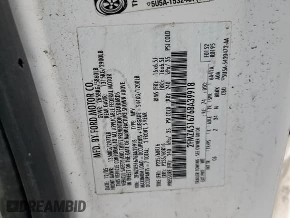 ✅ 2006 Ford Freestar SE • VIN: 2FMZA51676BA39918 • Lot: 68519345. Listed on Copart with 174,755 mi. Free auction sales archive from the USA and detailed vehicle history report at DreamBid. Image 13.