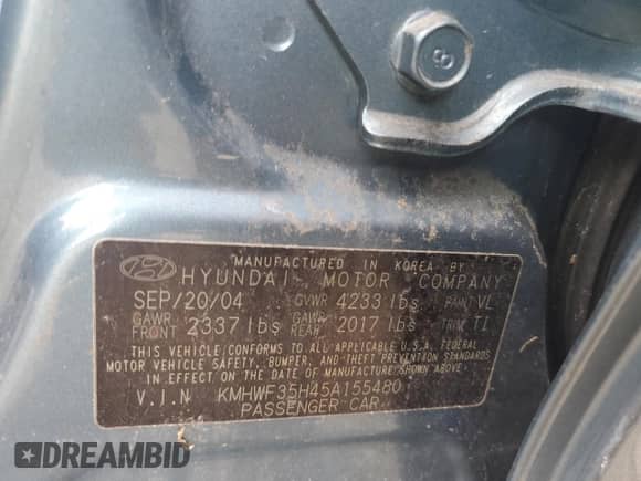 2005 Hyundai Sonata GLS с VIN KMHWF35H45A155480, выставлен на аукционе Copart как лот 74567304 с пробегом Не указан миль и Списание • Salvage title. История ставок и продаж доступна на DreamBid. Изображение 13.