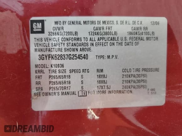 ✅ 2007 Cadillac Escalade EXT • VIN: 3GYFK62837G254540 • Lot: 72927934. Listed on Copart with Not provided. Free auction sales archive from the USA and detailed vehicle history report at DreamBid. Image 12.