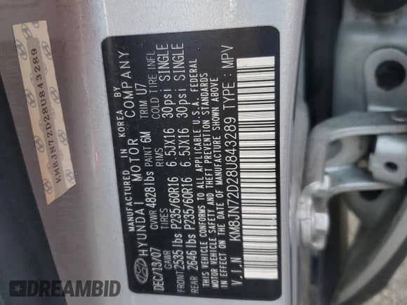 2008 Hyundai Tucson SE z VIN KM8JN72D28U843289, wystawiony jako Copart lot #72465854 z przebiegiem 105 447 mil mil oraz Nie do naprawy • Non repairable. Historia ofert i sprzedaży dostępna na DreamBid. Obrazek 14.