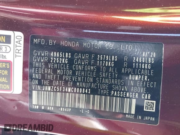 ✅ 2021 Honda Clarity Touring • VIN: JHMZC5F34MC000843 • Lot: 42895985. Listed on IAAI with 58,355 mi. Free auction sales archive from the USA and detailed vehicle history report at DreamBid. Image 9.