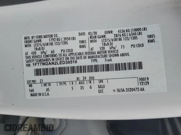 ✅ 2020 Ford F-250 • VIN: 1FT7W2AN2LED30510 • Lot: 80070224. Listed on Copart with Not provided. Free auction sales archive from the USA and detailed vehicle history report at DreamBid. Image 12.