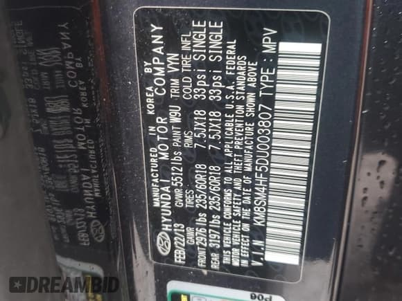 ✅ 2013 Hyundai Santa Fe GLS • VIN: KM8SM4HF5DU003807 • Lot: 90109185. Listed on Copart with 111,162 mi. Free auction sales archive from the USA and detailed vehicle history report at DreamBid. Image 13.