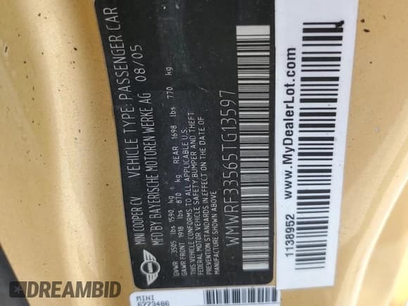 ✅ 2005 MINI Convertible • VIN: WMWRF33565TG13597 • Lot: 60412165. Wystawiony na Copart z przebiegiem Nie podano. Bezpłatny archiwum sprzedaży aukcyjnych z USA i szczegółowy raport historii pojazdu na DreamBid. Zdjęcie 12.