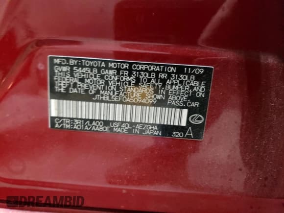 ✅ 2010 Lexus LS 460 • VIN: JTHBL5EF0A5094099 • Lot: 82444235. Listed on Copart with Not provided. Free auction sales archive from the USA and detailed vehicle history report at DreamBid. Image 13.