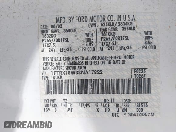 ✅ 2003 Ford F-150 XL • VIN: 1FTRX18W33NA17822 • Lot: 42250184. Listed on IAAI with 202,816 mi. Free auction sales archive from the USA and detailed vehicle history report at DreamBid. Image 9.