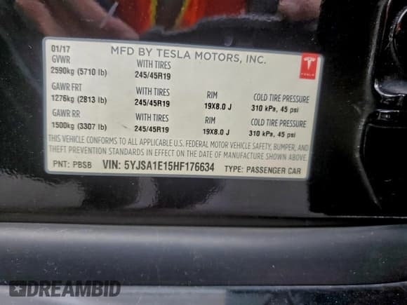 ✅ 2017 Tesla Model S 60 • VIN: 5YJSA1E15HF176634 • Lot: 93718785. Listed on Copart with 88,131 mi. Free auction sales archive from the USA and detailed vehicle history report at DreamBid. Image 12.