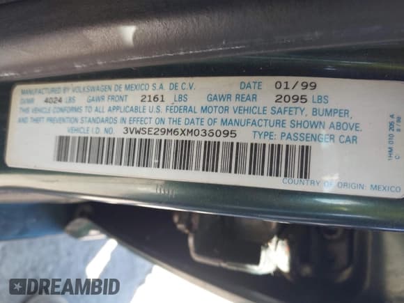 ✅ 1999 Volkswagen Jetta GLS • VIN: 3VWSE29M6XM036095 • Lot: 43338943. Listed on IAAI with 188,015 mi. Free auction sales archive from the USA and detailed vehicle history report at DreamBid. Image 9.