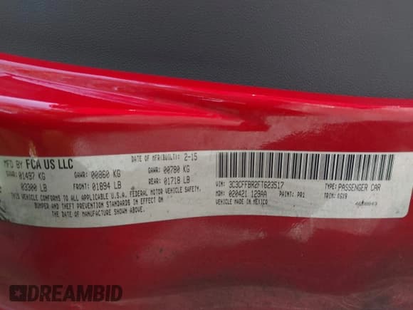 ✅ 2015 FIAT 500 Sport • VIN: 3C3CFFBR2FT623517 • Lot: 42827245. Listed on IAAI with 89,189 mi. Free auction sales archive from the USA and detailed vehicle history report at DreamBid. Image 9.