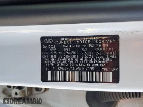 ✅ 2023 Hyundai Tucson Limited • VIN: KM8JECA15PU107199 • Lot: 70749015. Listed on Copart with Not provided miles. Access the free auction sales archive from the USA and view a detailed vehicle history report at DreamBid. Image 12.