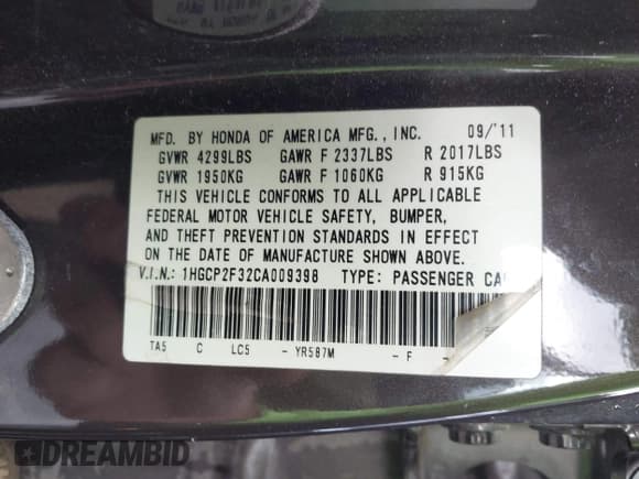 ✅ 2012 Honda Accord LX • VIN: 1HGCP2F32CA009398 • Лот: 43636496. Опубликован ранее на IAAI с пробегом 238 255 миль. Бесплатный доступ к архиву аукционных продаж из США и подробный отчёт об истории автомобиля на DreamBid. Изображение 9.