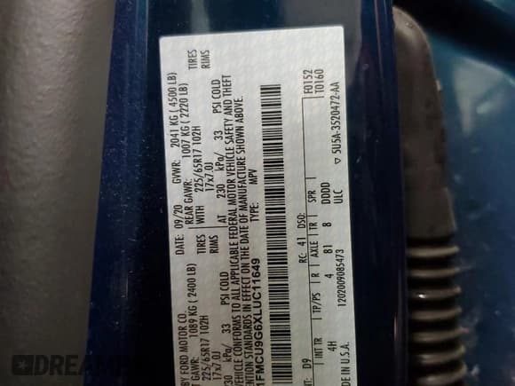 ✅ 2020 Ford Escape SE • VIN: 1FMCU9G6XLUC11649 • Lot: 58934695. Listed on Copart with 109,495 mi. Free auction sales archive from the USA and detailed vehicle history report at DreamBid. Image 13.