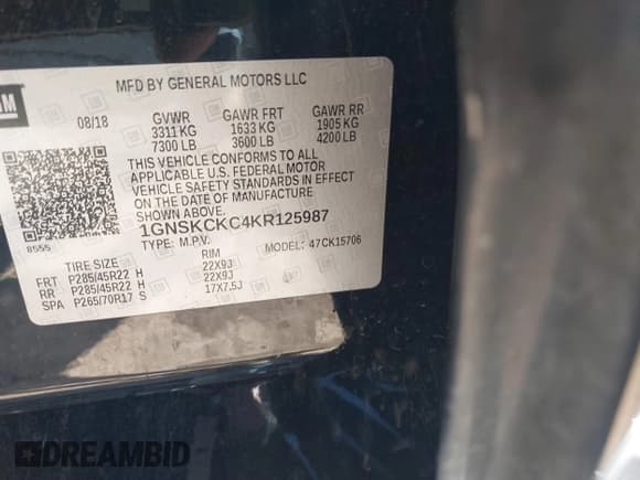 ✅ 2019 Chevrolet Tahoe Premier • VIN: 1GNSKCKC4KR125987 • Lot: 41756961. Listed on IAAI with 125,804 mi. Free auction sales archive from the USA and detailed vehicle history report at DreamBid. Image 9.