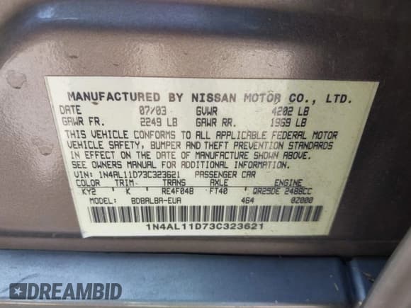 ✅ 2003 Nissan Altima S • VIN: 1N4AL11D73C323621 • Lot: 43242989. Wystawiony na IAAI z przebiegiem 156 505 mil. Bezpłatny archiwum sprzedaży aukcyjnych z USA i szczegółowy raport historii pojazdu na DreamBid. Zdjęcie 9.