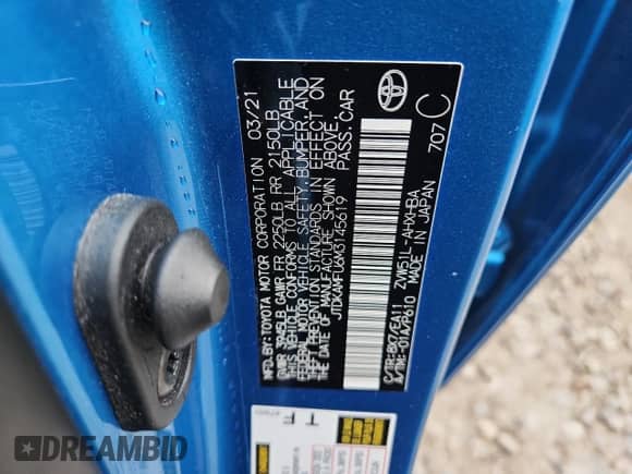 2021 Toyota Prius L Eco with VIN JTDKAMFU6M3145619, listed as a Copart auction lot 60266185 with 43,256 mi miles and Salvage title. Bid and sale history available at DreamBid. Image 13.