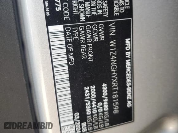 ✅ 2024 Mercedes-Benz Sprinter Passenger • VIN: W1Z4NGHYXRT181598 • Lot: 52108535. Listed on Copart with Not provided. Free auction sales archive from the USA and detailed vehicle history report at DreamBid. Image 13.