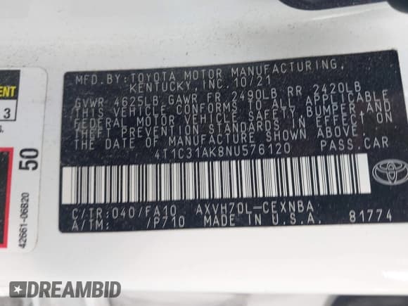 ✅ 2022 Toyota Camry Hybrid LE • VIN: 4T1C31AK8NU576120 • Lot: 43295206. Listed on IAAI with 46,158 mi. Free auction sales archive from the USA and detailed vehicle history report at DreamBid. Image 9.