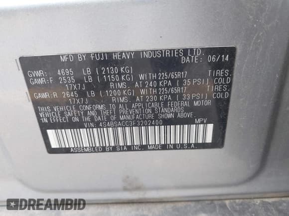 ✅ 2015 Subaru Outback Premium • VIN: 4S4BSACC3F3202400 • Lot: 43622003. Listed on IAAI with 189,786 mi. Free auction sales archive from the USA and detailed vehicle history report at DreamBid. Image 9.