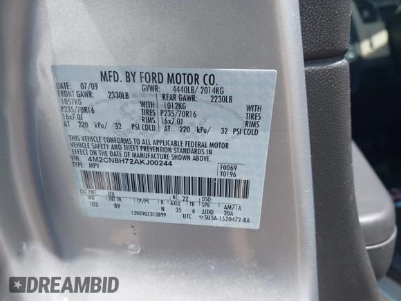 ✅ 2010 Mercury Mariner Premier • VIN: 4M2CN8H72AKJ00244 • Lot: 42502315. Listed on IAAI with 134,214 mi. Free auction sales archive from the USA and detailed vehicle history report at DreamBid. Image 9.