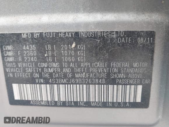 ✅ 2011 Subaru Legacy Limited • VIN: 4S3BMCJ69B3263848 • Lot: 42604739. Listed on IAAI with 240,482 mi. Free auction sales archive from the USA and detailed vehicle history report at DreamBid. Image 9.