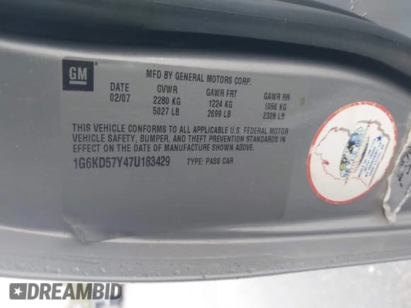 ✅ 2007 Cadillac DTS Luxury I • VIN: 1G6KD57Y47U183429 • Lot: 41132029. Listed on IAAI with 100,862 mi. Free auction sales archive from the USA and detailed vehicle history report at DreamBid. Image 9.