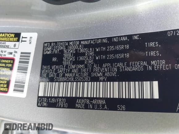 ✅ 2020 Toyota Highlander Hybrid LE • VIN: 5TDBBRCH9LS505383 • Лот: 42413260. Опубликован ранее на IAAI с пробегом 137 526 миль. Бесплатный доступ к архиву аукционных продаж из США и подробный отчёт об истории автомобиля на DreamBid. Изображение 9.