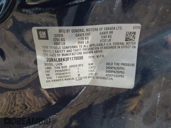 ✅ 2015 Chevrolet Equinox LT • VIN: 2GNALBEK3F1178698 • Лот: 43363812. Опубликован ранее на IAAI с пробегом 124 730 миль. Бесплатный доступ к архиву аукционных продаж из США и подробный отчёт об истории автомобиля на DreamBid. Изображение 9.