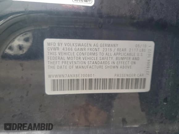 ✅ 2011 Volkswagen CC Sport • VIN: WVWMN7ANXBE700801 • Lot: 94528565. Wystawiony na Copart z przebiegiem 155 720 mil. Bezpłatny archiwum sprzedaży aukcyjnych z USA i szczegółowy raport historii pojazdu na DreamBid. Zdjęcie 12.