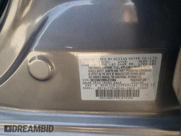 ✅ 2021 Nissan Versa SV • VIN: 3N1CN8EV9ML872304 • Lot: 91284855. Listed on Copart with 78,089 mi. Free auction sales archive from the USA and detailed vehicle history report at DreamBid. Image 12.