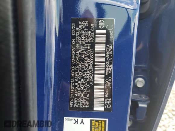 2023 Toyota Prius LE with VIN JTDACAAU9P3003037, listed as a Copart auction lot 64604745 with 22,180 mi miles and Salvage title. Bid and sale history available at DreamBid. Image 12.