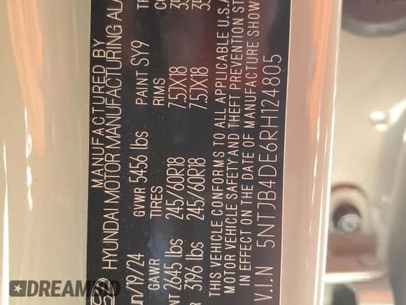 2024 Hyundai Santa Cruz SEL с VIN 5NTJB4DE6RH124805, выставлен на аукционе Copart как лот 83334424 с пробегом 6 115 миль миль и Списание • Salvage title. История ставок и продаж доступна на DreamBid. Изображение 13.