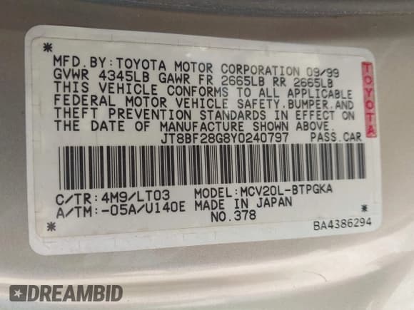 ✅ 2000 Lexus ES 300 • VIN: JT8BF28G8Y0240797 • Lot: 43671979. Listed on IAAI with 126,904 mi. Free auction sales archive from the USA and detailed vehicle history report at DreamBid. Image 9.