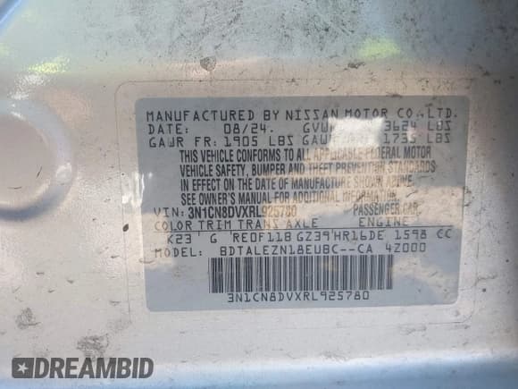 ✅ 2024 Nissan Versa S • VIN: 3N1CN8DVXRL925780 • Lot: 43601552. Listed on IAAI with 19,410 mi. Free auction sales archive from the USA and detailed vehicle history report at DreamBid. Image 9.