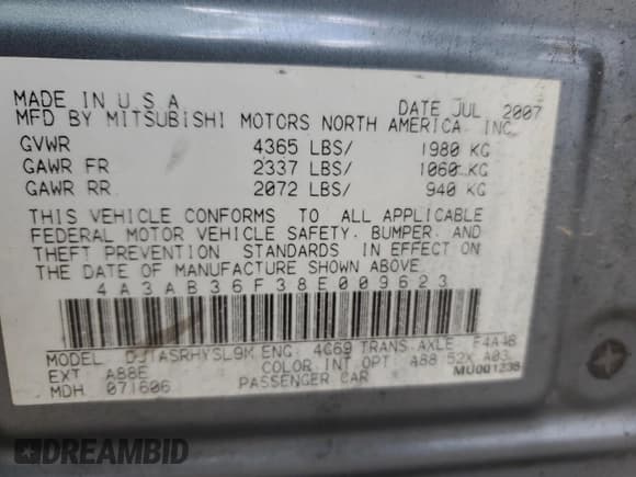 ✅ 2008 Mitsubishi Galant ES • VIN: 4A3AB36F38E009623 • Lot: 92242355. Listed on Copart with 184,812 mi. Free auction sales archive from the USA and detailed vehicle history report at DreamBid. Image 13.