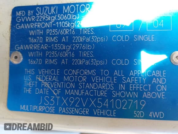 ✅ 2005 Suzuki XL7 LX • VIN: JS3TX92VX54102719 • Lot: 42305284. Listed on IAAI with Not provided. Free auction sales archive from the USA and detailed vehicle history report at DreamBid. Image 9.