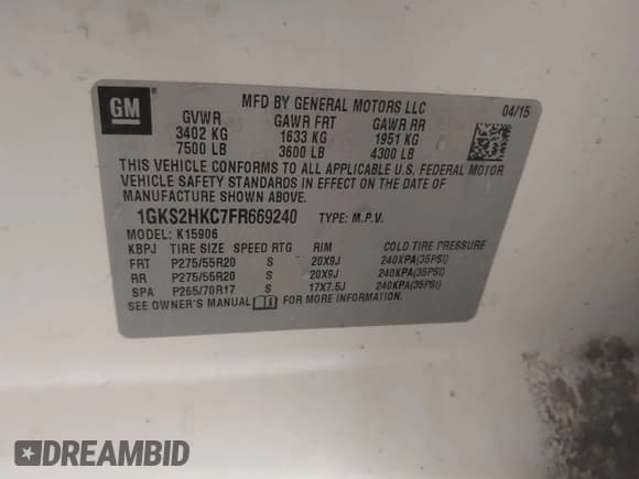 ✅ 2015 GMC Yukon XL SLT • VIN: 1GKS2HKC7FR669240 • Lot: 42183822. Wystawiony na IAAI z przebiegiem 117 727 mil. Bezpłatny archiwum sprzedaży aukcyjnych z USA i szczegółowy raport historii pojazdu na DreamBid. Zdjęcie 9.