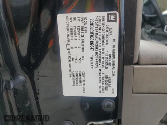 ✅ 2005 Chevrolet Equinox LT • VIN: 2CNDL63F056199847 • Лот: 82134644. Опубликован ранее на Copart с пробегом 148 941 миль. Бесплатный доступ к архиву аукционных продаж из США и подробный отчёт об истории автомобиля на DreamBid. Изображение 15.