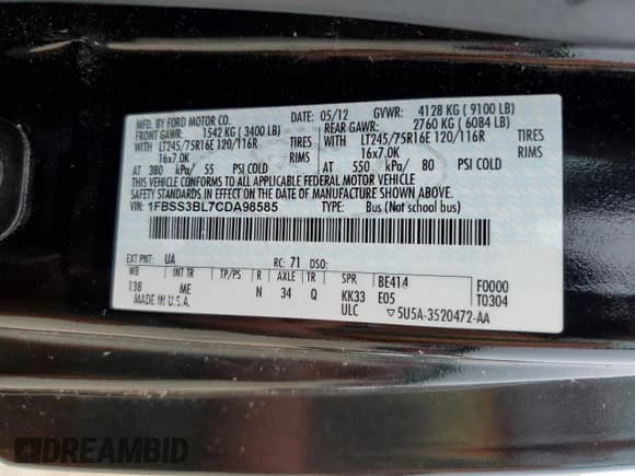 ✅ 2012 Ford Econoline Passenger XL • VIN: 1FBSS3BL7CDA98585 • Лот: 67420515. Опубликован ранее на Copart с пробегом 179 286 миль. Бесплатный доступ к архиву аукционных продаж из США и подробный отчёт об истории автомобиля на DreamBid. Изображение 13.