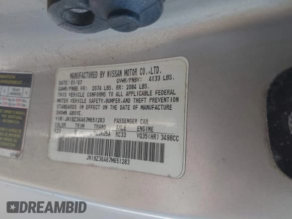 ✅ 2007 Nissan 350Z Touring • VIN: JN1BZ36A67M651283 • Лот: 40847599. Опубликован ранее на IAAI с пробегом 168 832 миль. Бесплатный доступ к архиву аукционных продаж из США и подробный отчёт об истории автомобиля на DreamBid. Изображение 9.