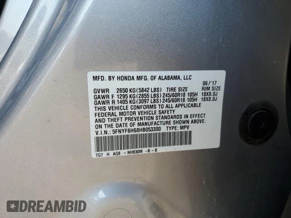 ✅ 2017 Honda Pilot EX-L • VIN: 5FNYF6H68HB053300 • Lot: 71425555. Listed on Copart with 120,108 mi. Free auction sales archive from the USA and detailed vehicle history report at DreamBid. Image 13.