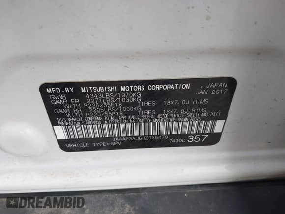 2017 Mitsubishi Outlander ES with VIN JA4AP3AU6HZ035470, listed as a IAAI auction lot 42443342 with 149,212 mi miles and . Bid and sale history available at DreamBid. Image 9.